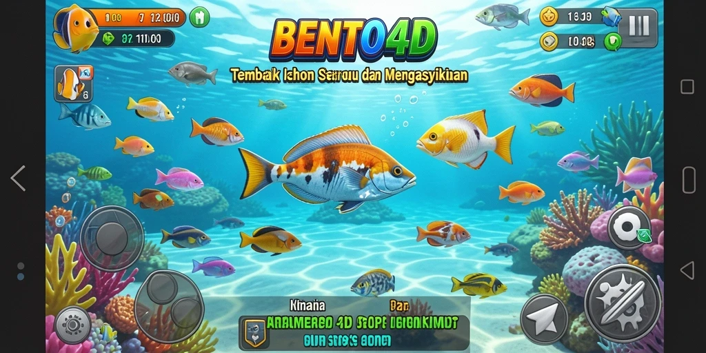 Tangkapan layar gameplay BENTO4D saat menembak ikan di laut.