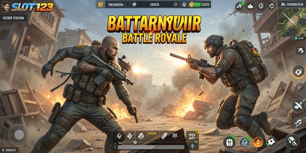 Tampilan gameplay yang intens dalam SLOT123 menunjukkan aksi Battle Royale.