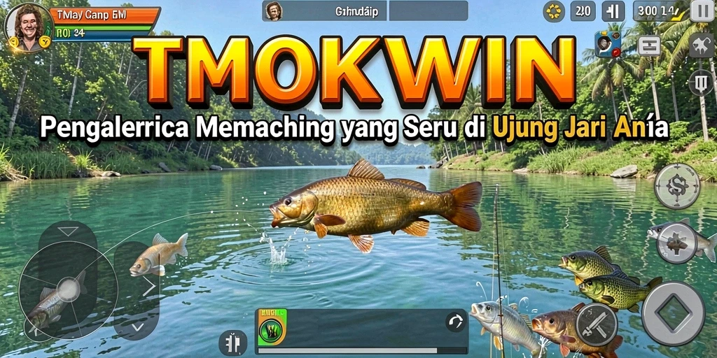Screenshot gameplay TMOKWIN dengan aktivitas memancing yang seru.